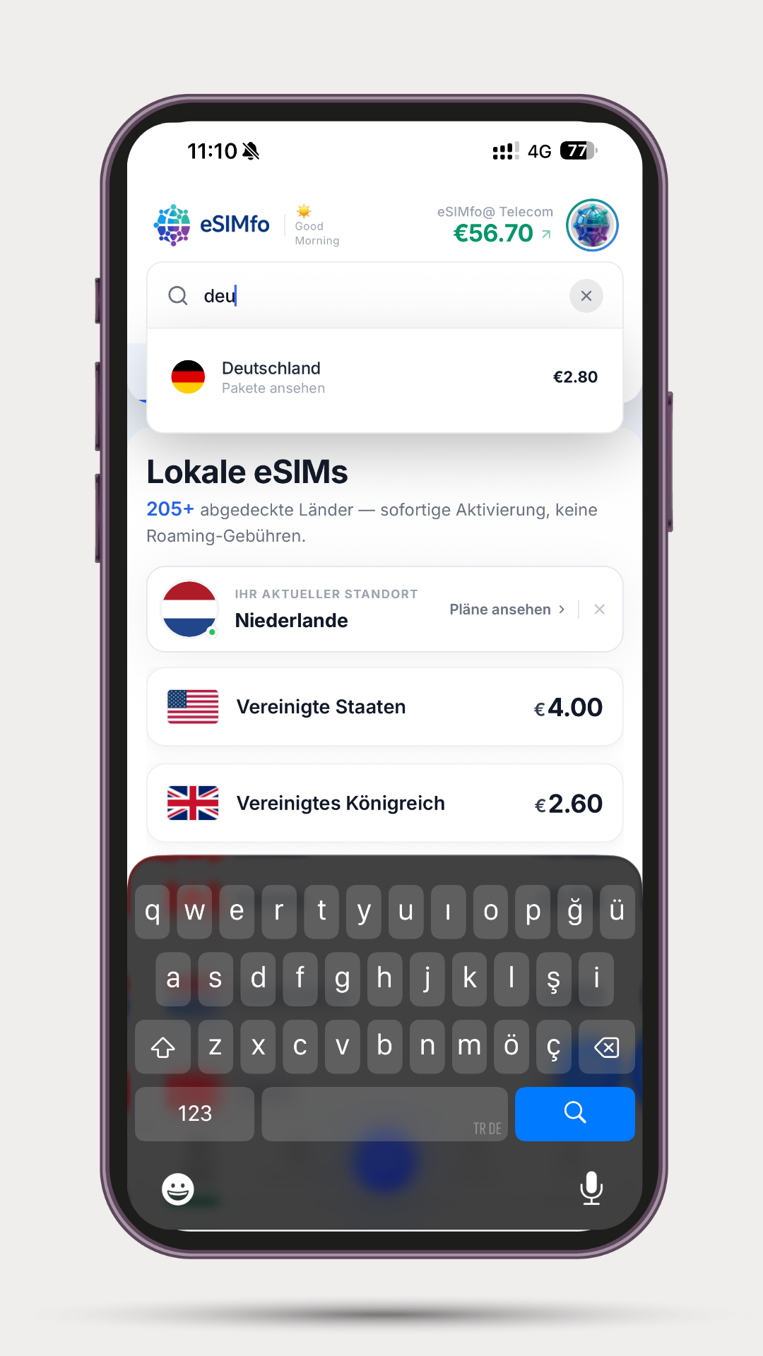 eSIMfo Login-Bildschirm