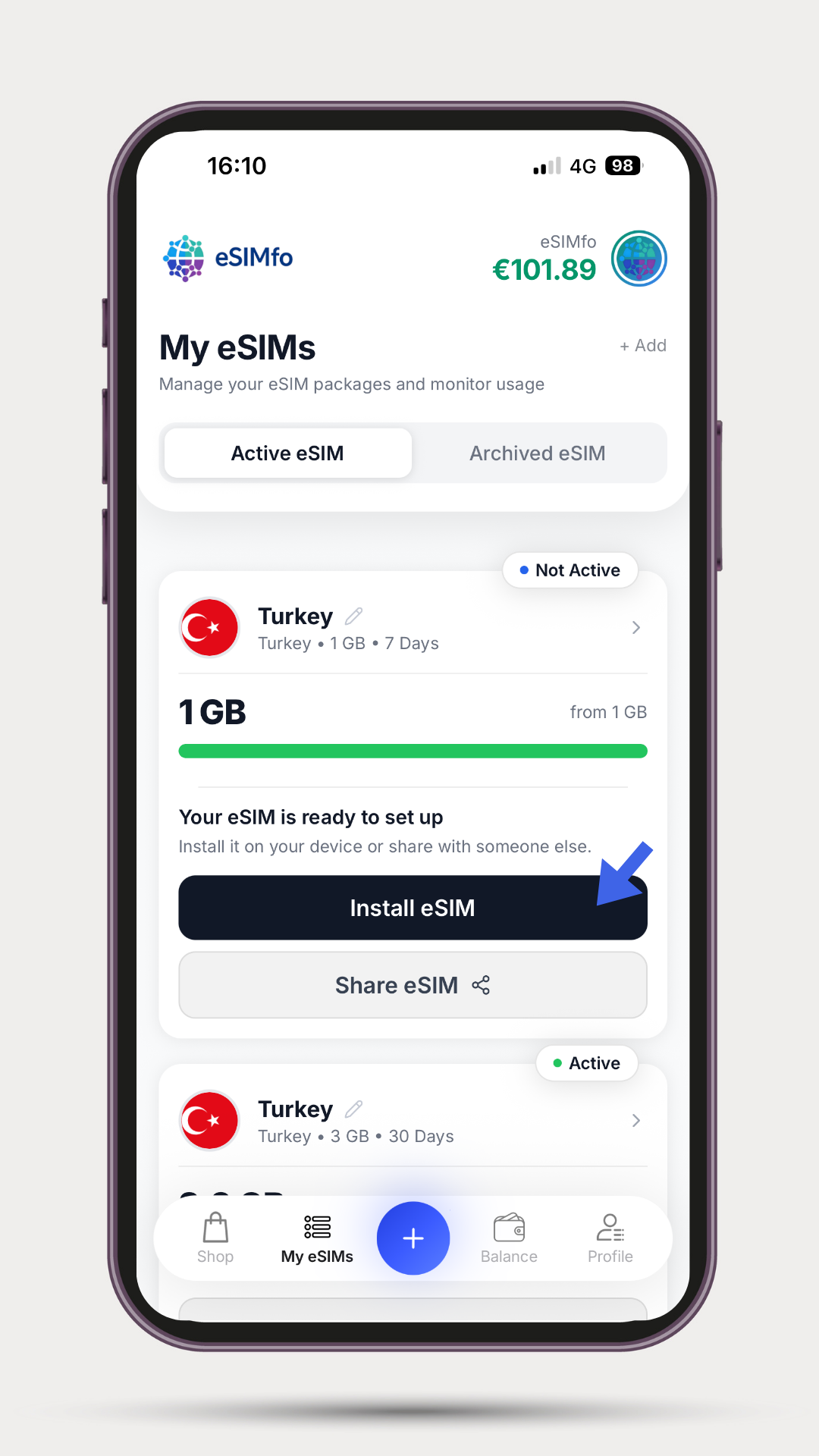 eSIMfo मेरे eSIM स्क्रीन