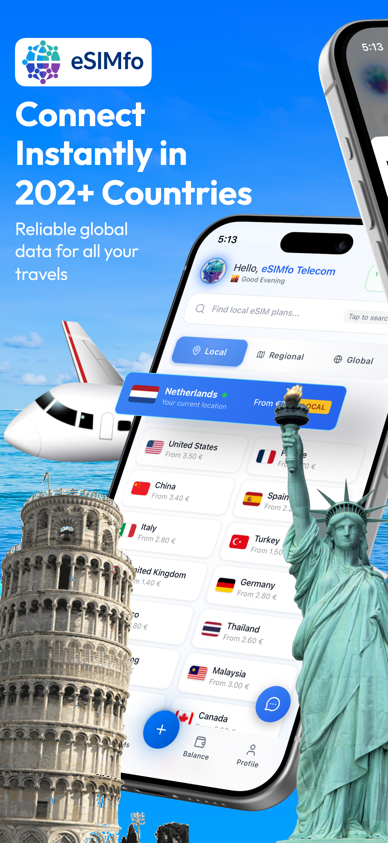 Connettiti istantaneamente in oltre 200 paesi con eSIMfo