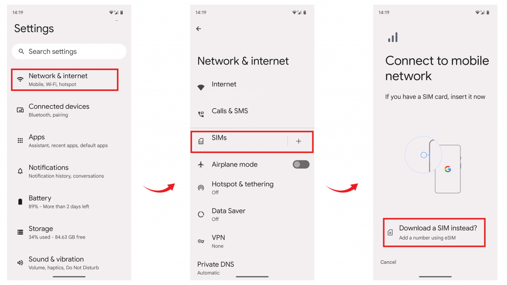 Pantalla de control eSIM en Google Pixel