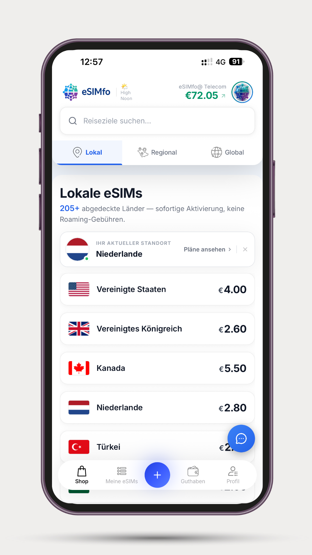 Connexion à l'application eSIMfo et écran principal