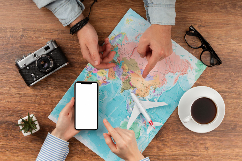Traveler using smartphone with international eSIM plan