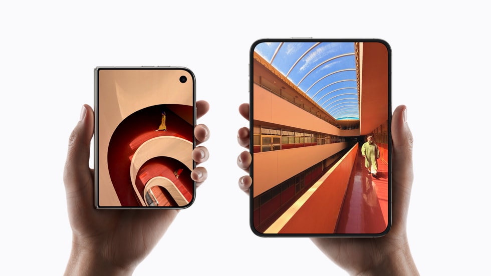 Folded and unfolded iPhone Duo held side by side to show both display sizes