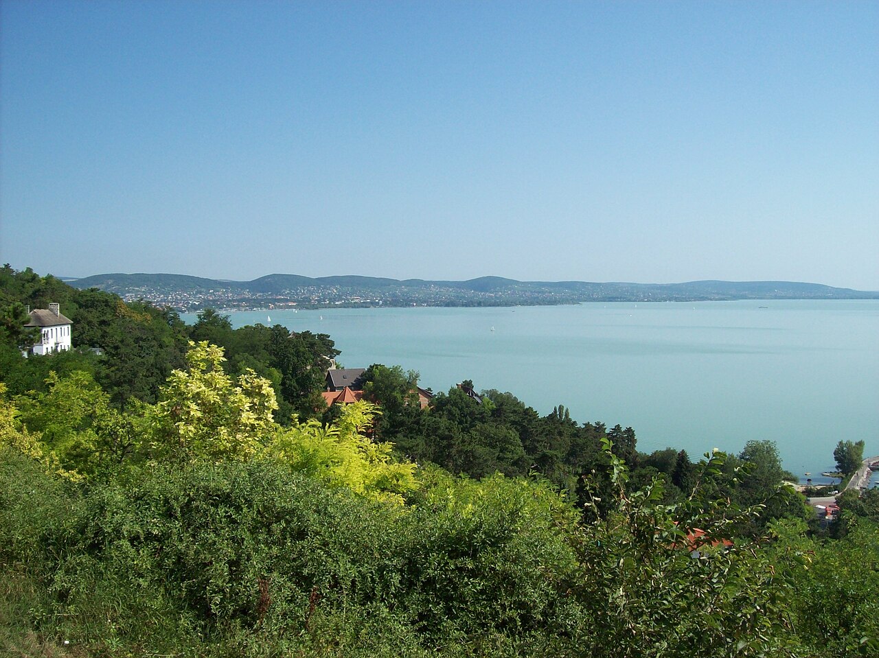 Lake Balaton and green hills seen from Tihany in Hungary