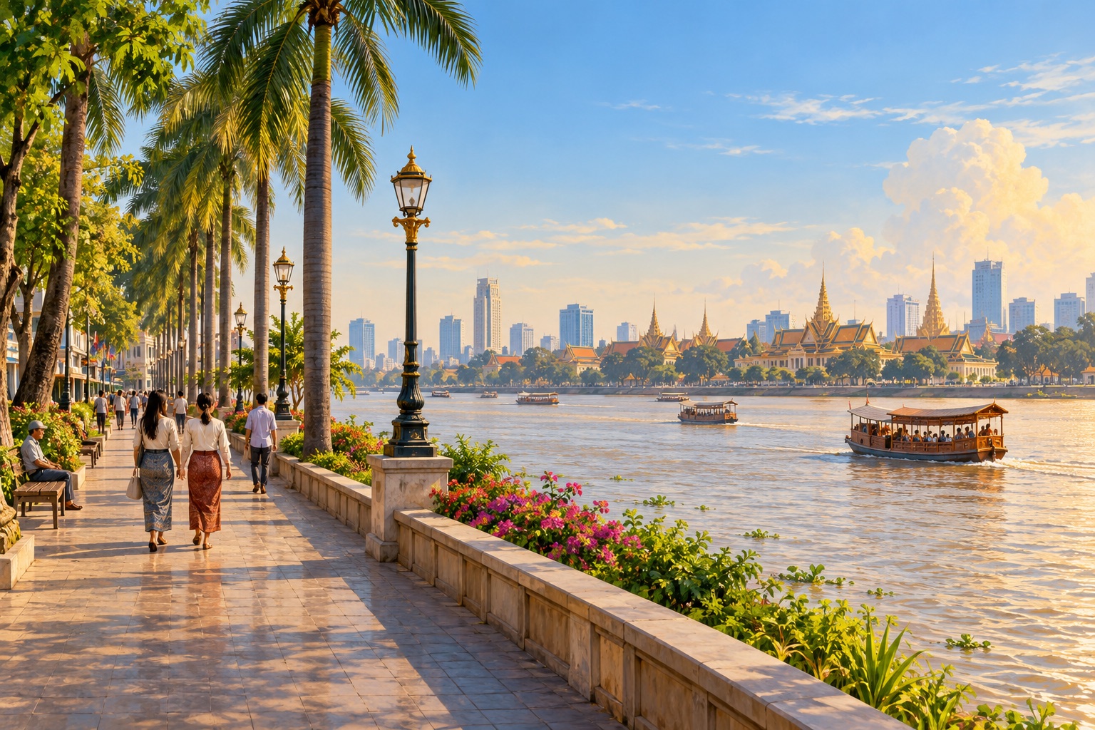 Illustration: Travel illustration inspired by Phnom Penh's riverfront and Khmer architectural details