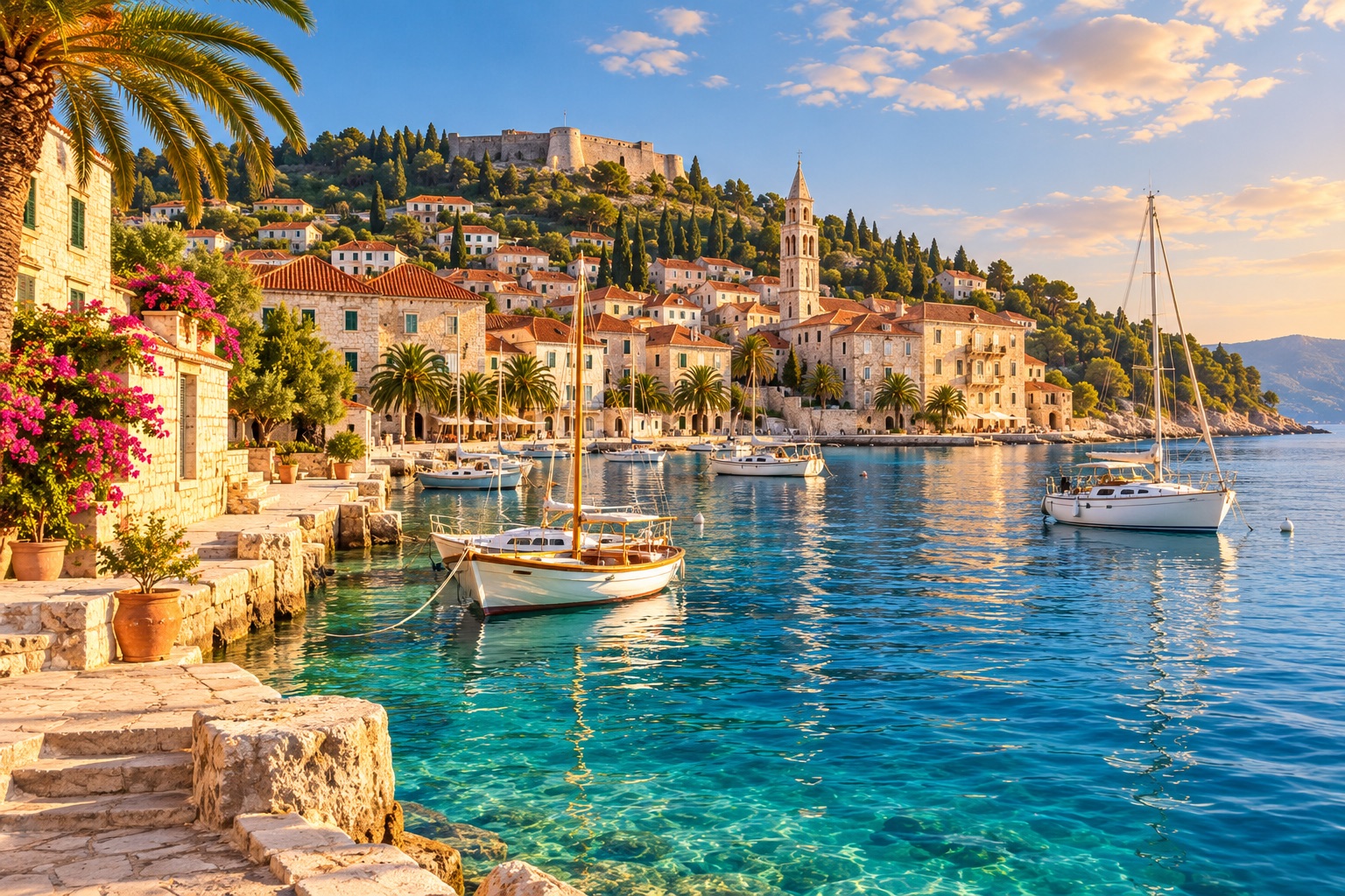 Illustration: Travel illustration inspired by Hvar's harbour, stone buildings and Adriatic water