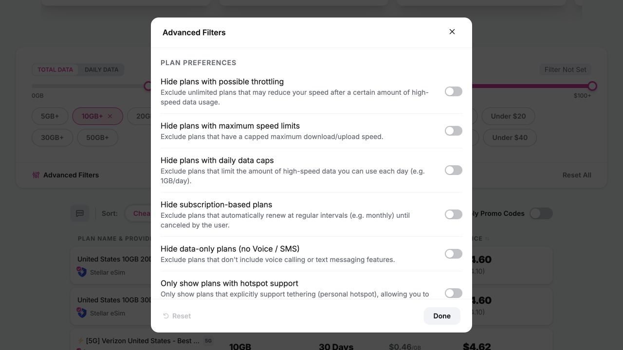 Advanced filters for throttling, recurring plans, calls, SMS and hotspot