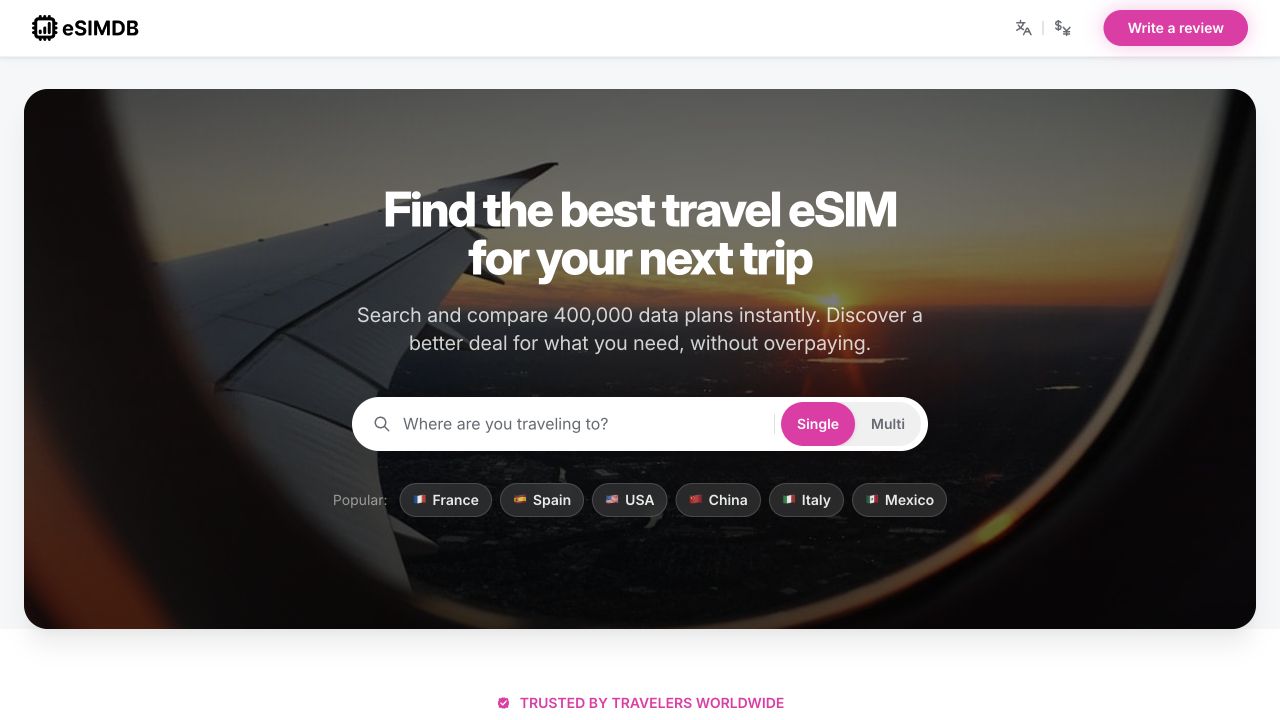 eSIMDB homepage with destination search and single or multi-country options