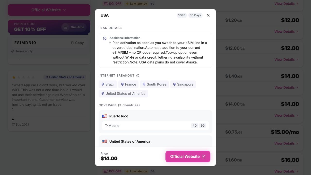 Ubigi plan details on eSIMDB showing 10 GB, 30 days, network coverage and price