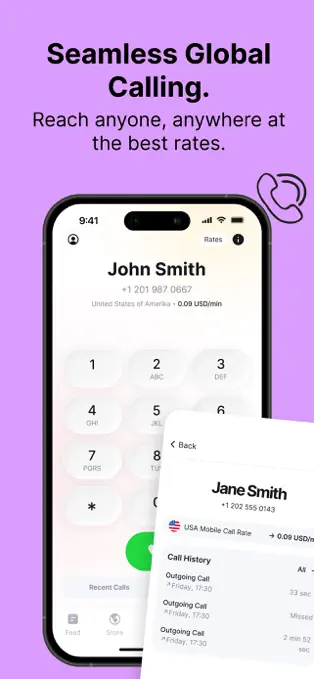 eSIM io Global Callsのダイヤルパッドと通話履歴