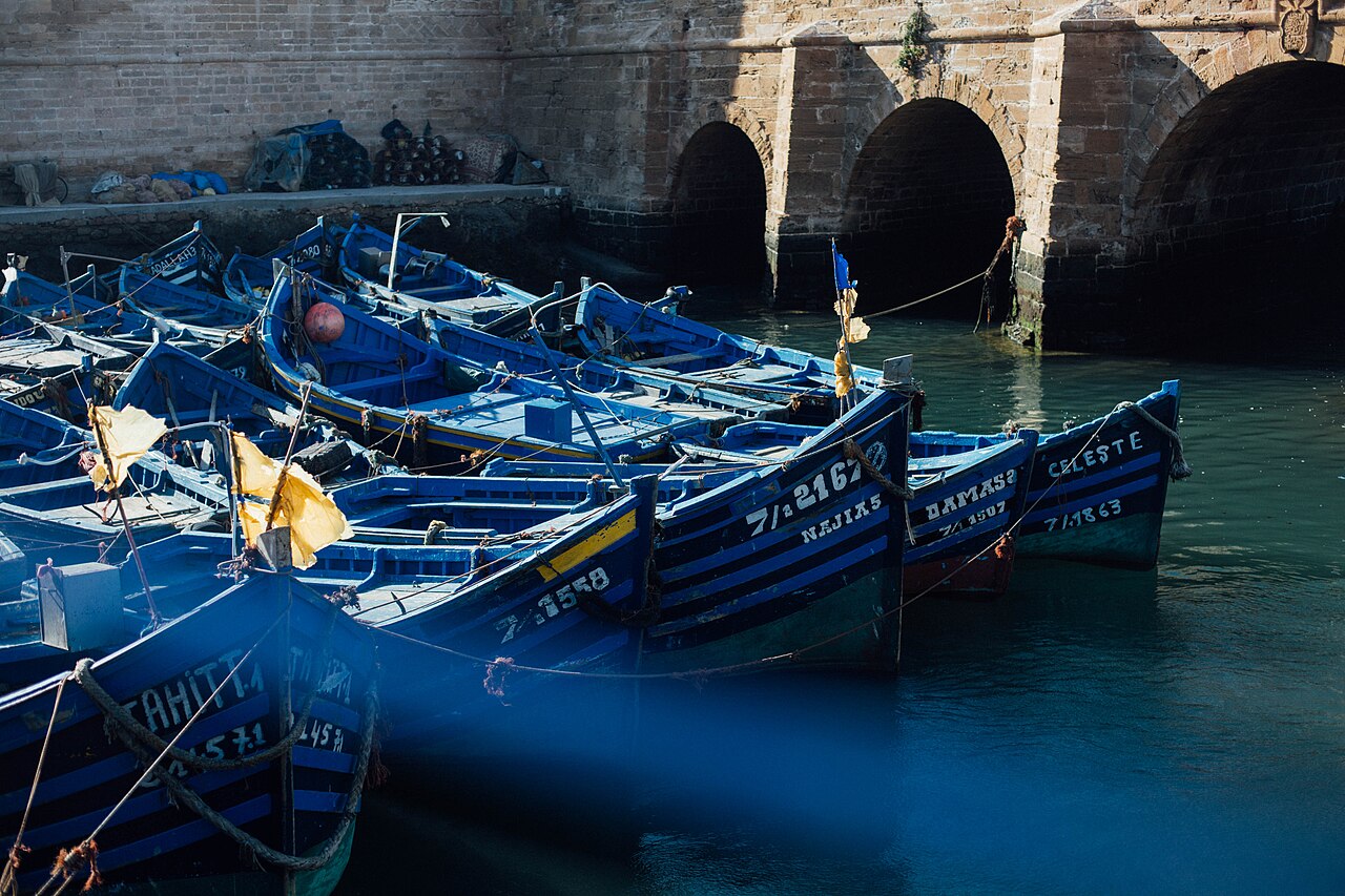 Blue fishing boats in Essaouira harbour