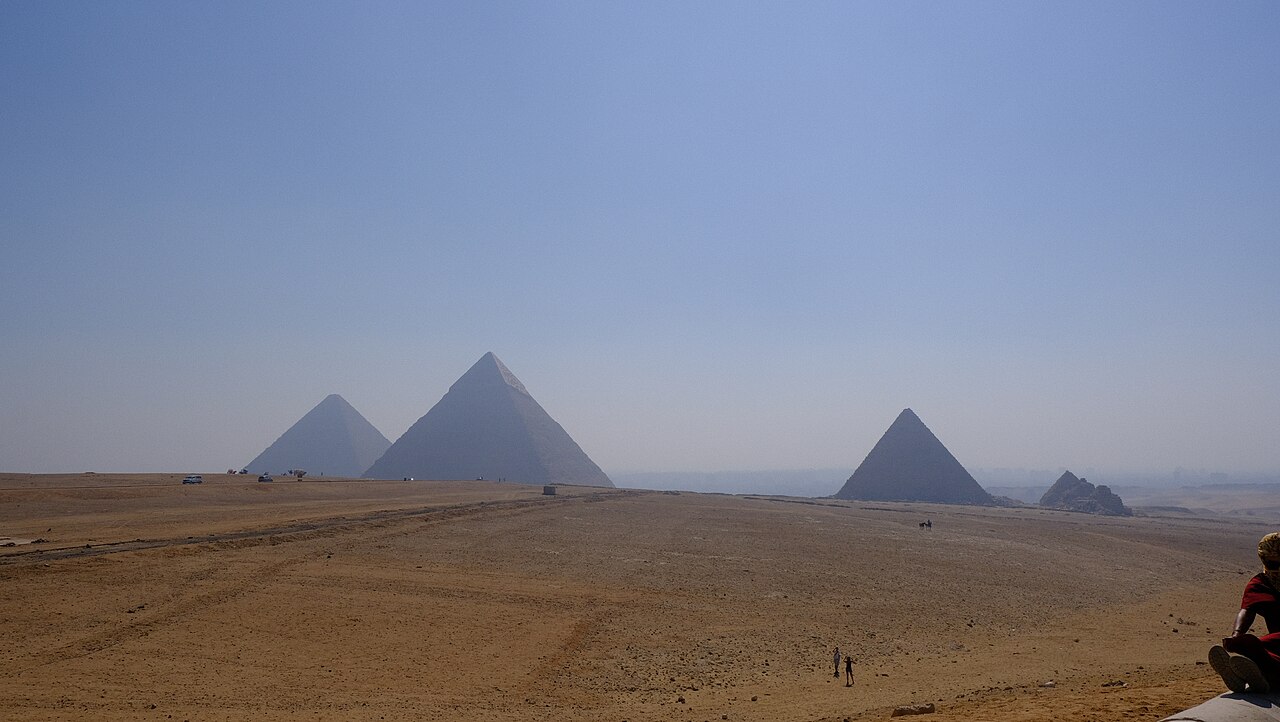 The Giza pyramids viewed across the desert plateau