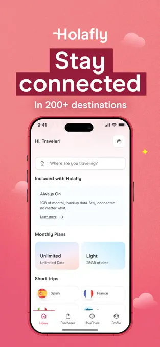 渡航先検索とプラン分類を示すHolafly公式アプリ画像