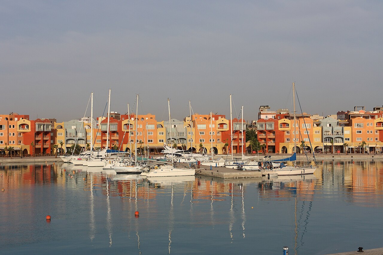 Boats and colourful waterfront buildings at Hurghada Marina