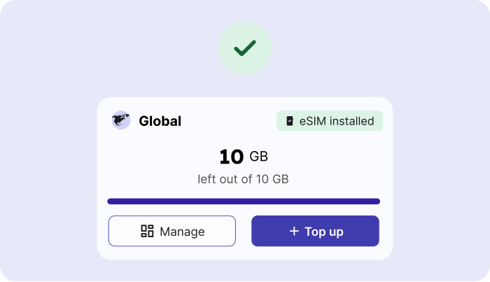 Official Jetpac illustration showing installed eSIM, data balance and top-up