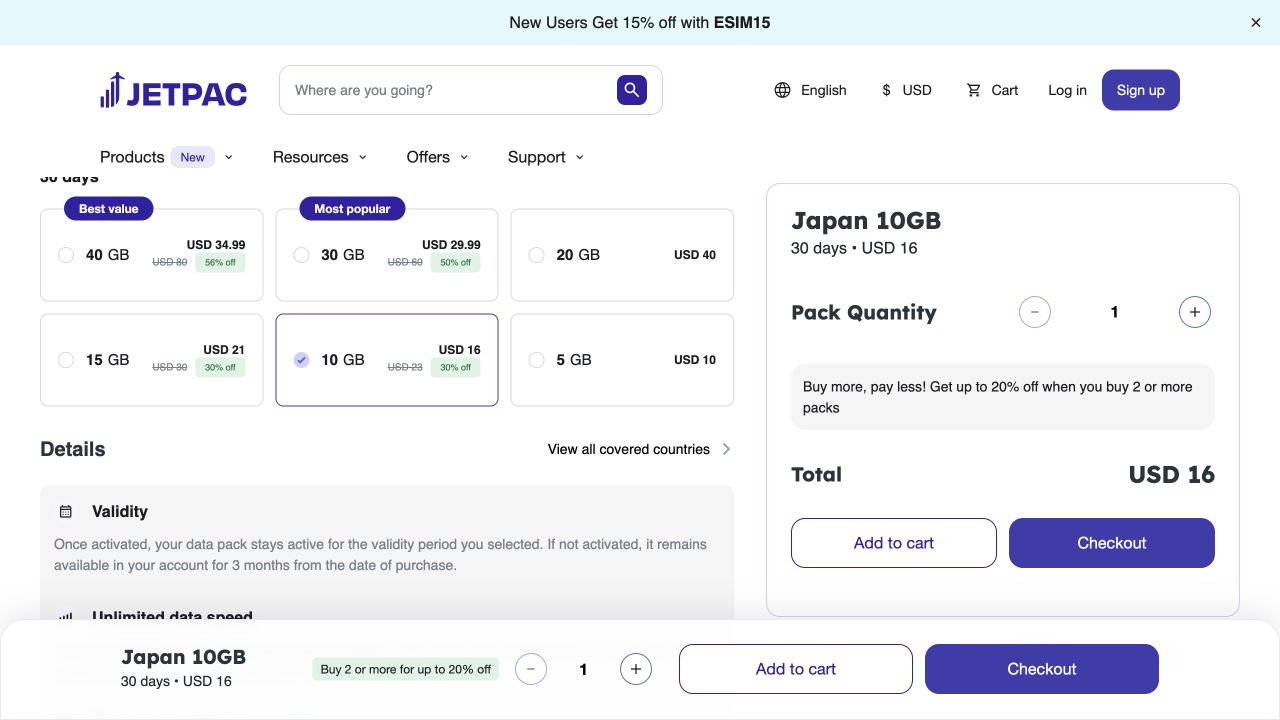 Jetpac Japan plan selector with 10 GB for 30 days at USD 16