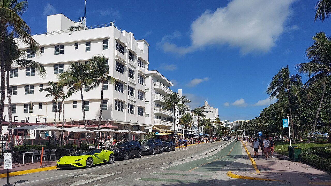 Palm trees and Art Deco buildings along Ocean Drive in Miami Beach