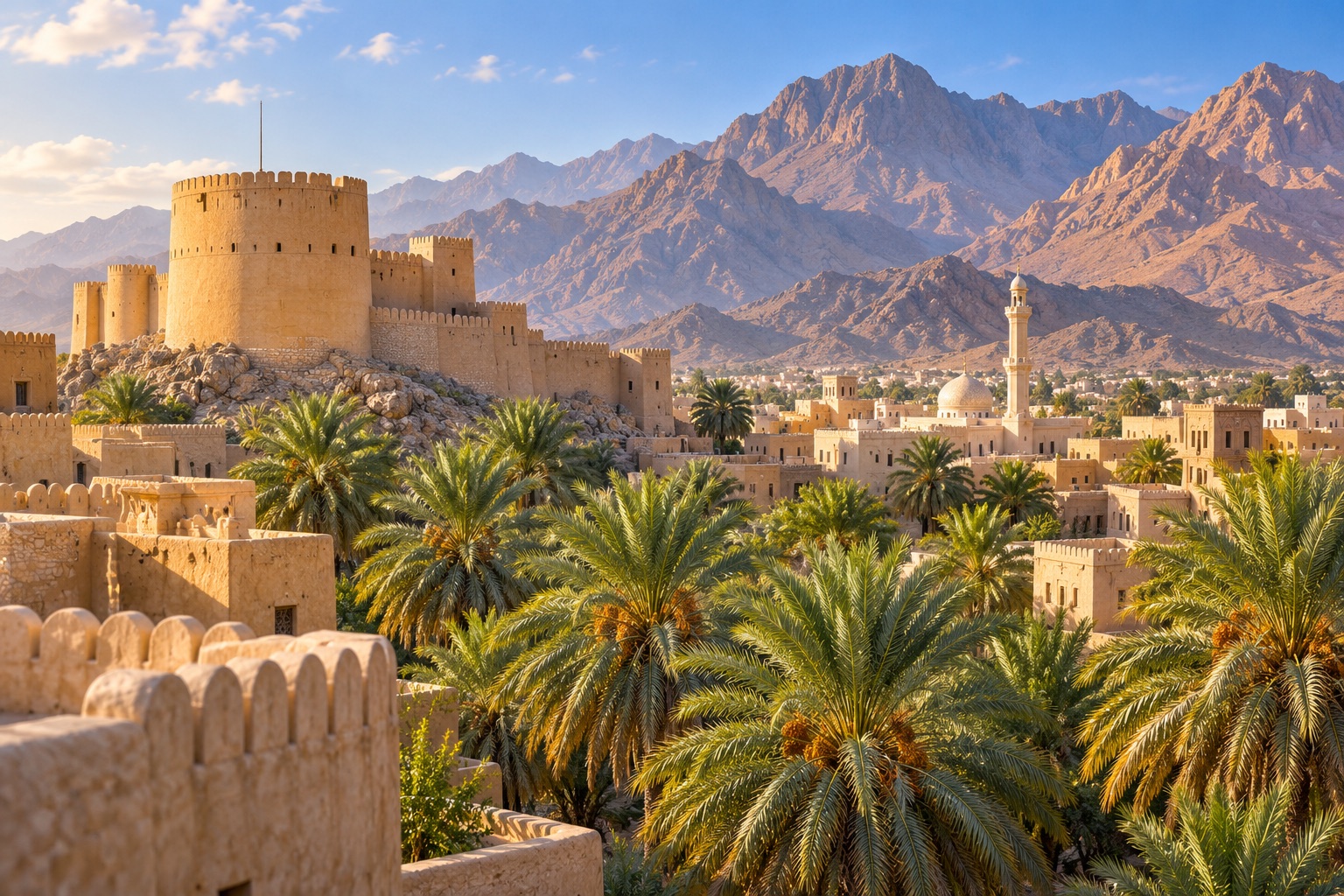 Illustration: Travel illustration inspired by Nizwa's fort architecture, palms and mountains
