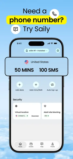 Aplicación Saily con número estadounidense opcional y saldo de llamadas y SMS