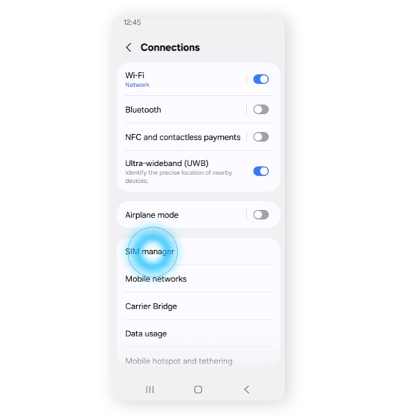 Samsungの接続設定に表示されたSIMマネージャー
