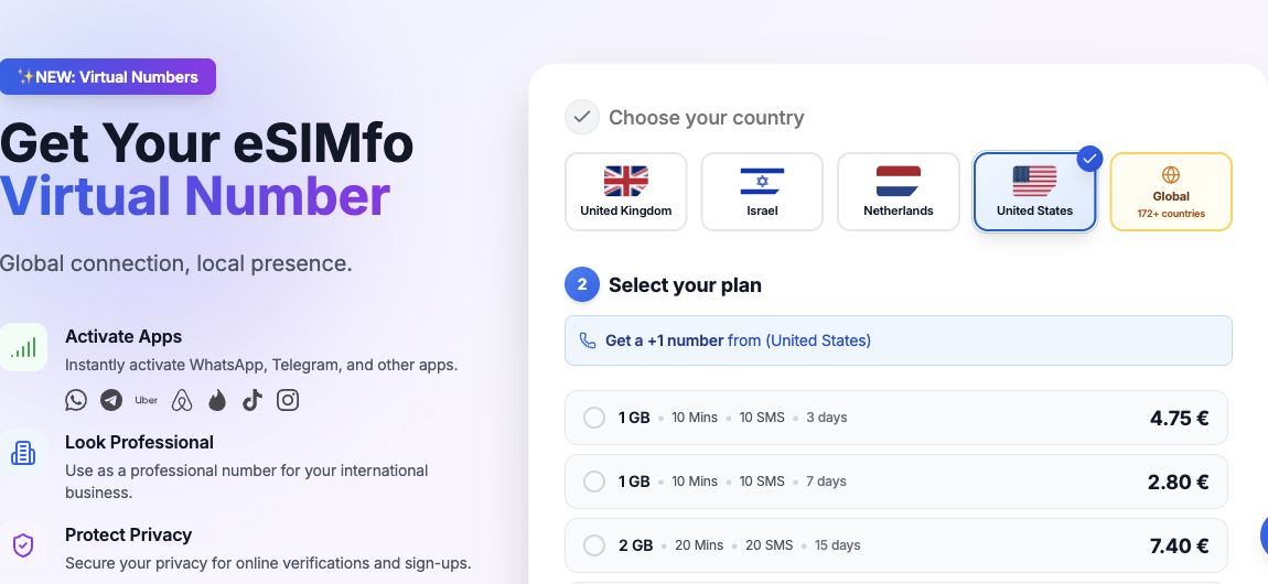 خيارات الأرقام في eSIMfo للمملكة المتحدة وإسرائيل وهولندا والولايات المتحدة