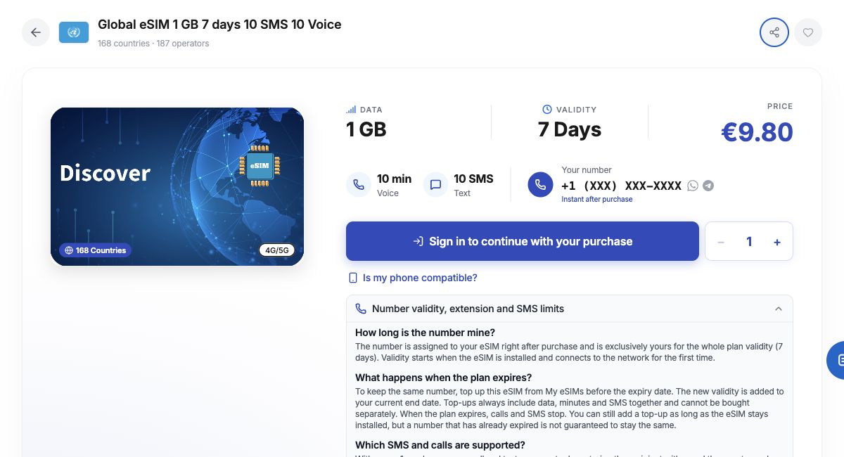 شاشة eSIMfo Global Premium تعرض رقم +1 و168 وجهة ومثال باقة بيانات ومكالمات ورسائل