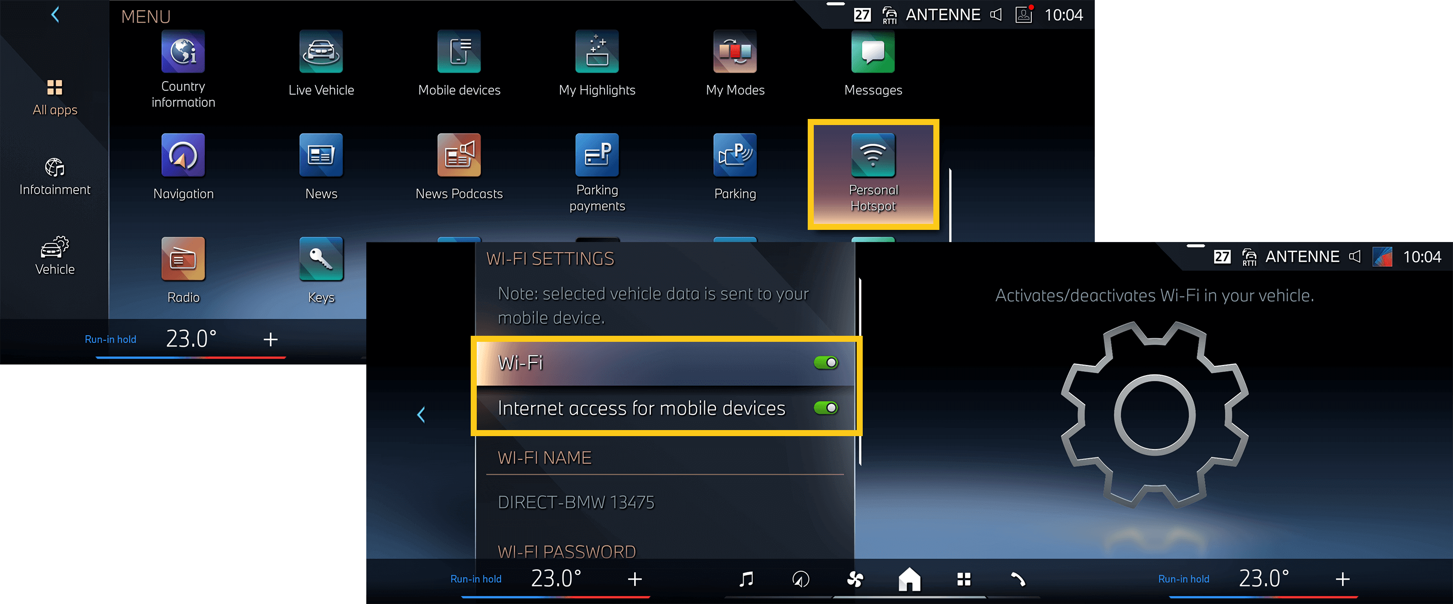 BMW Personal Hotspot menu and the internet access switch for mobile devices