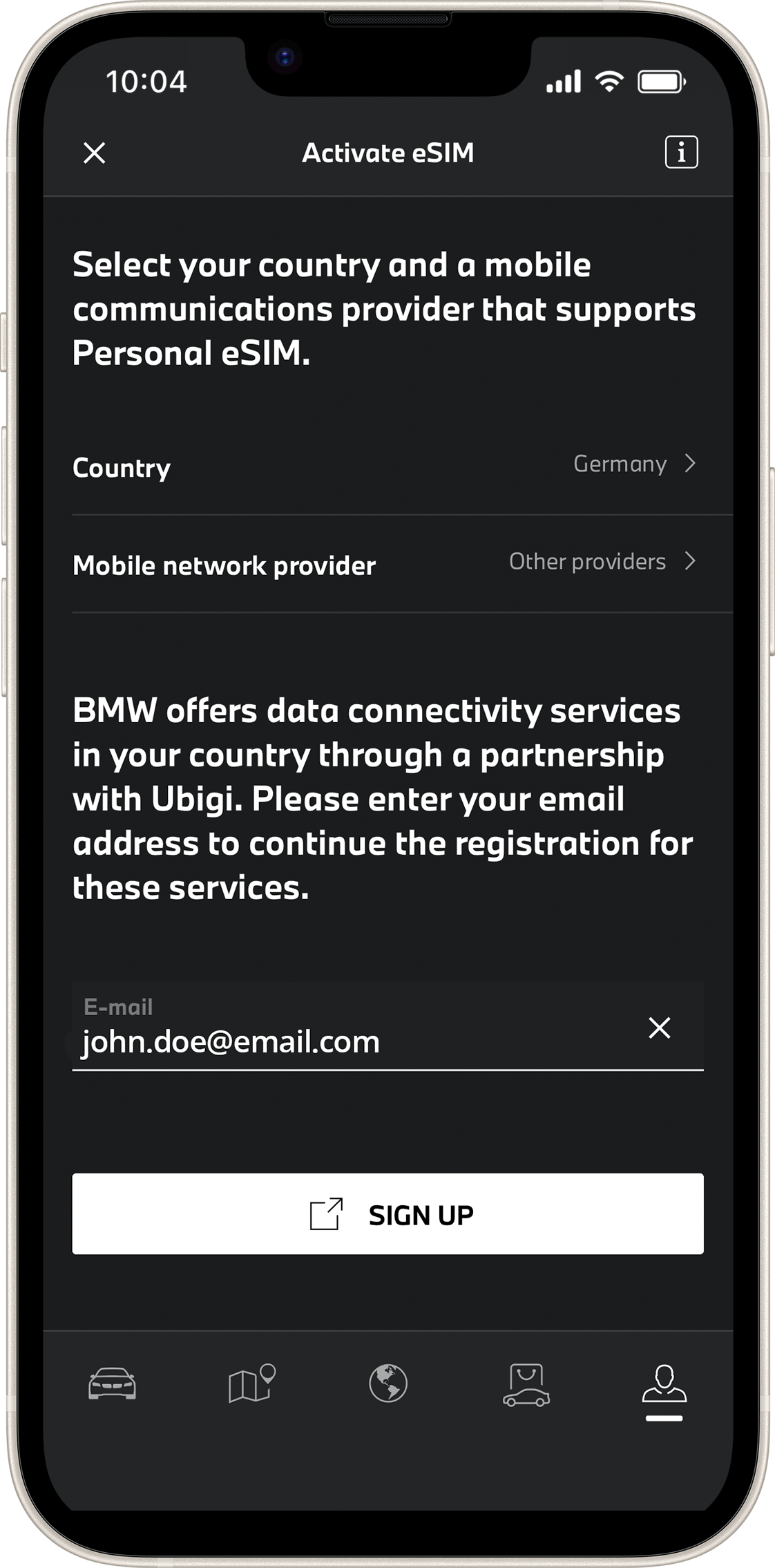 My BMW screen for choosing the country and Personal eSIM provider