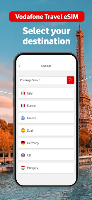 渡航先の選択を示すVodafone Travel公式アプリ画面